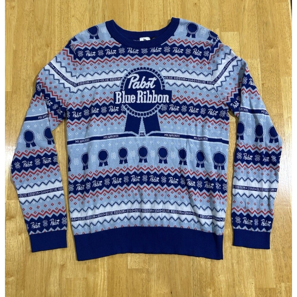 Pabst Blue Ribbon Ugly Christmas Sweater Fair Isle Knit Blue Size Adult XL B13